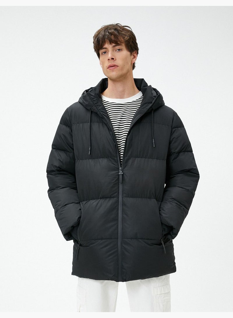 Hooded Pocket Detail Zippered Puffer Coat