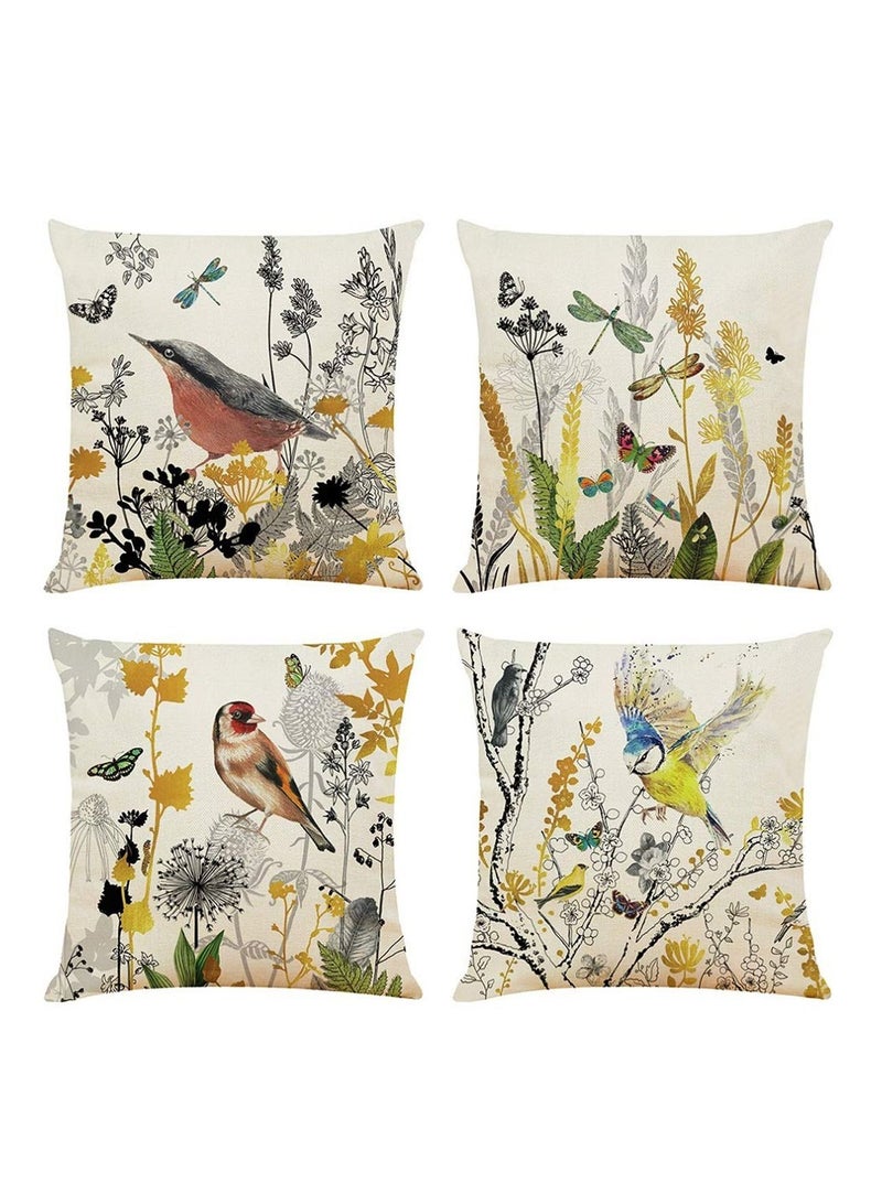 Decorative Throw Pillow Covers 18x18 inches Set of 4 Birds Butterfly and Plant Cushion 45cm x Boho Linen Square Cases for Living Room Sofa Couch Bed Pillowcases (Gold Black)