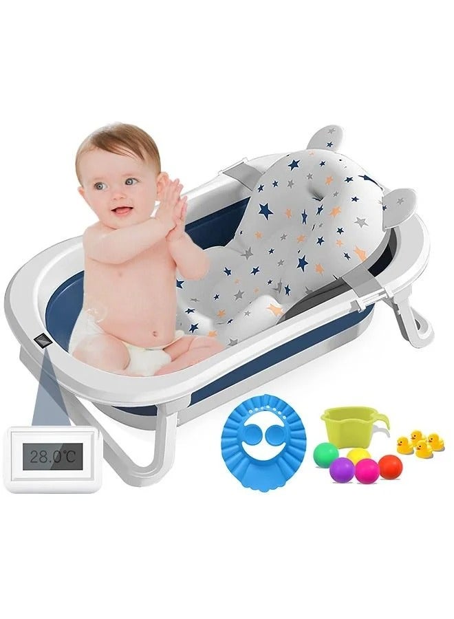 13 PCS Baby Bath Tub Foldable Bathtub With Temperature Sensing + Bathmat Cushion + Shower Cap + Washing Hair Shower Shampoo Cup *1 + Duckling toys *4 + Ocean Balls *5