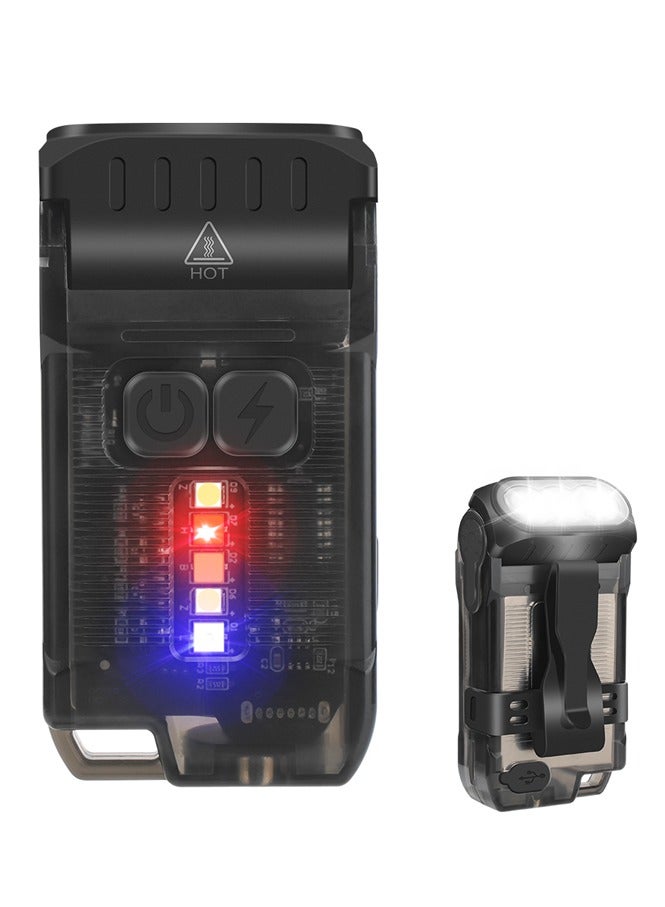 V15 LED Keychain EDC Fluorescence Flashlight Clip Warm Work Light Type-C Rechargeable Torch Magnet Camping Pocket Lantern (Black)
