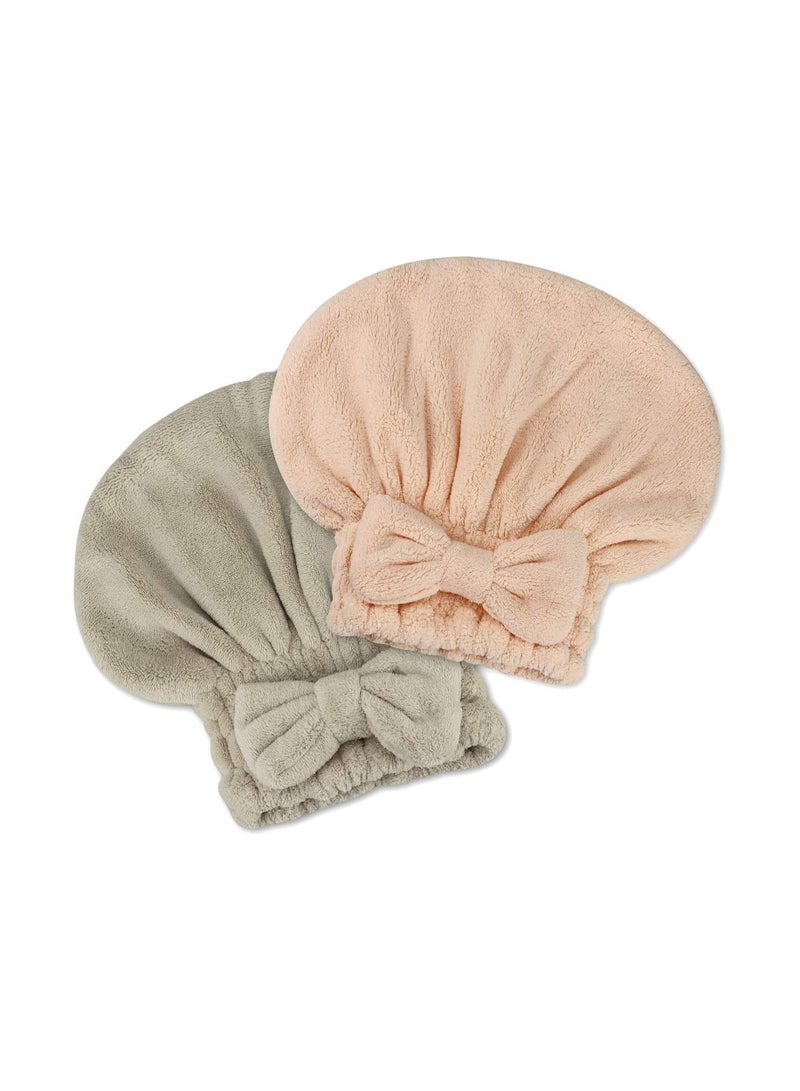 Hair Towel Wrap Microfiber Absorbent with Bow-Knot Shower Cap for Quick Dry Fast Drying Caps Women Soft Turban Wet Long, Curly, Thick 2 Pack