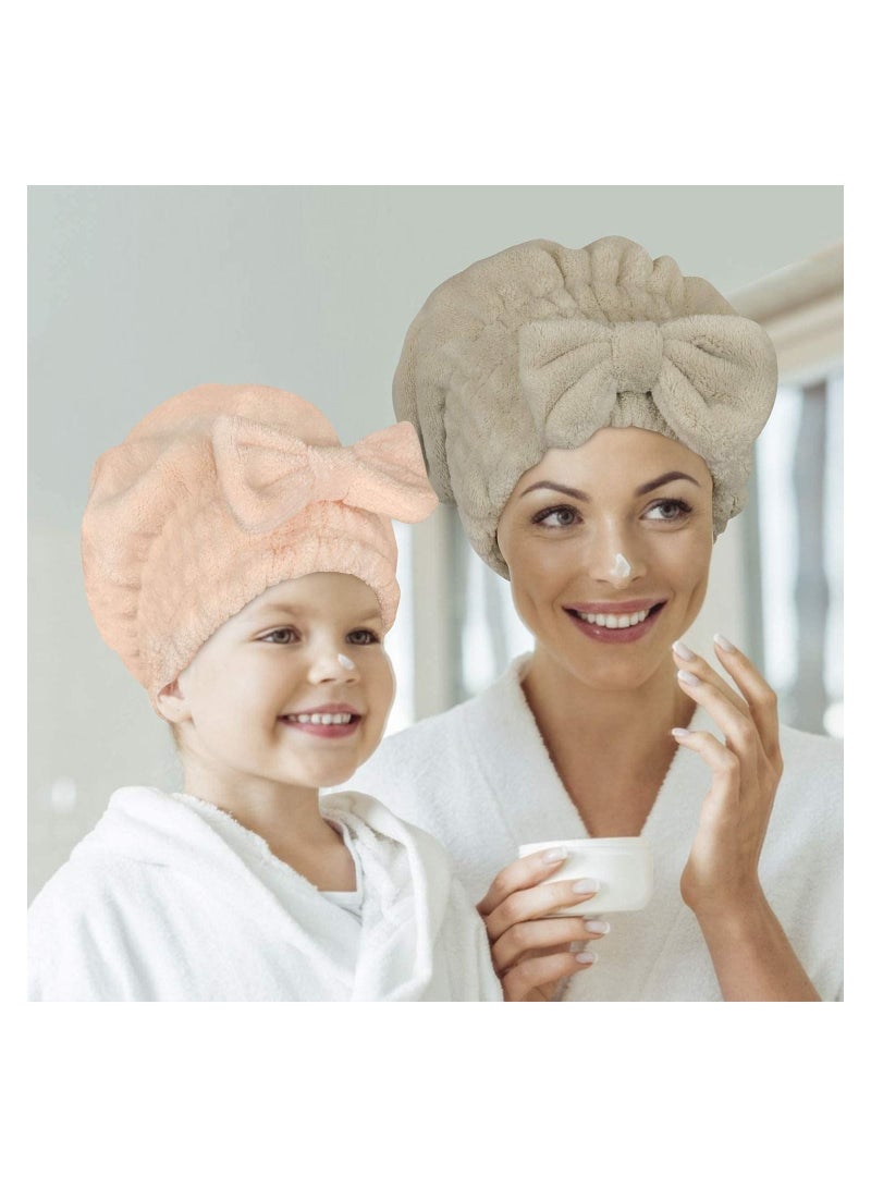 Hair Towel Wrap Microfiber Absorbent with Bow-Knot Shower Cap for Quick Dry Fast Drying Caps Women Soft Turban Wet Long, Curly, Thick 2 Pack