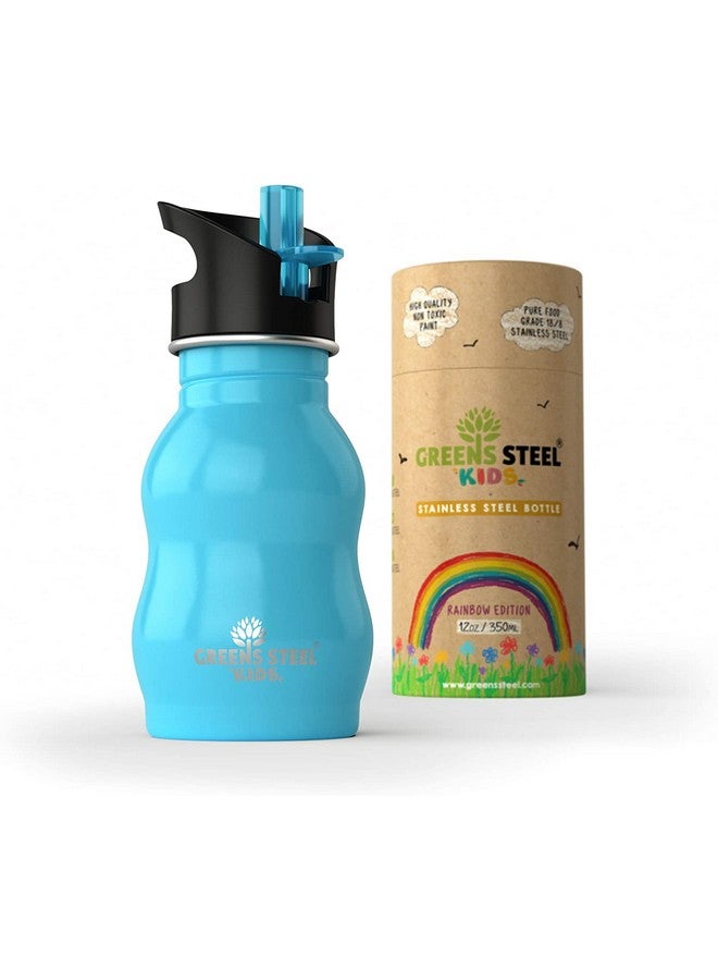 Kids Water Bottle With Straw & Handle 12 Oz Blue Eco Friendly Toddler Cups With Straws Easy Sip Metal Water Bottle For Kids Cute Stainless Steel Water Bottles For Children Leak Proof Lid