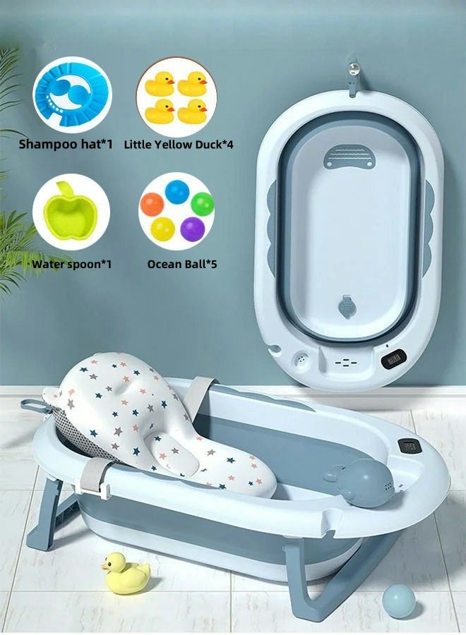 Baby Bath Tub Foldable Bathtub With Temperature Sensing + Bathmat Cushion + Shower Cap + Washing Hair Shower Shampoo Cup *1 + Duckling toys *4 + Ocean Balls *5