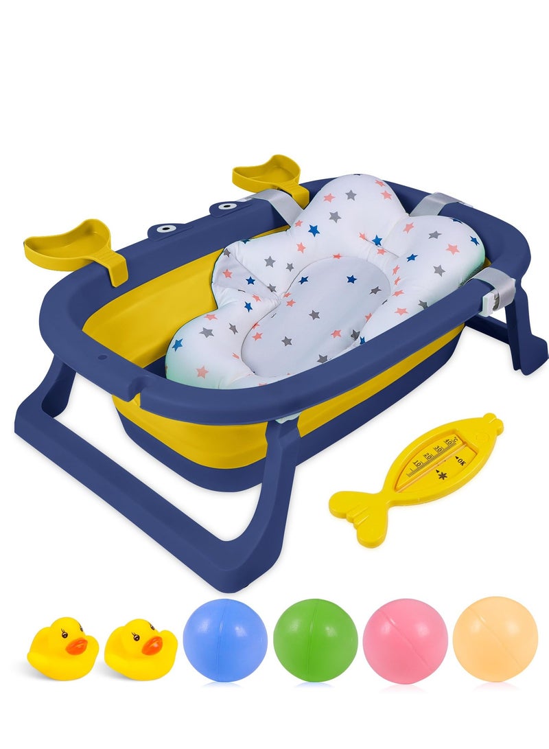 9 PCS Cute Crab Design Baby Bath Tub Foldable Bathtub + Bathmat Cushion + Temperature measurement card*1 + Duckling toys *2 + Ocean Balls *4