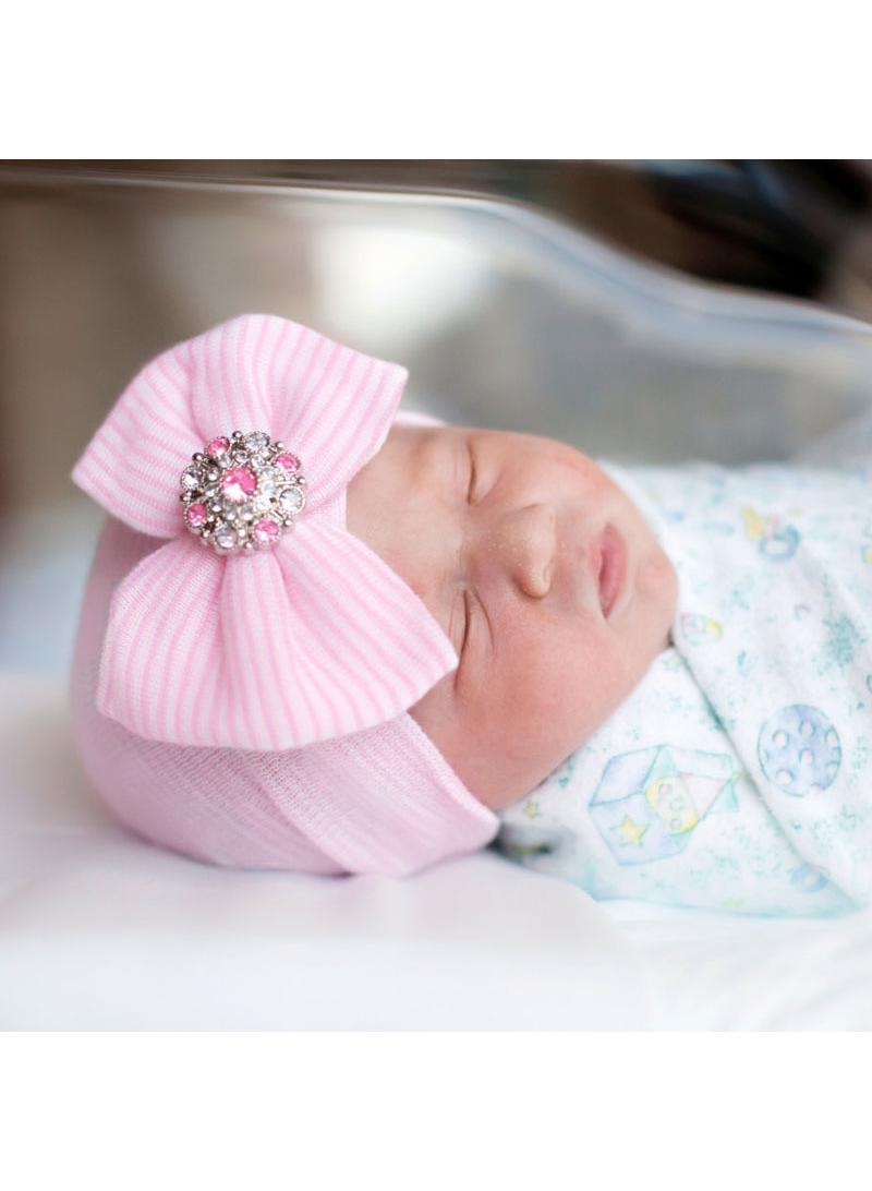 5pcs Big Bow Glittering Diamond Stripe Knitted Hat Newborn Baby Pullover