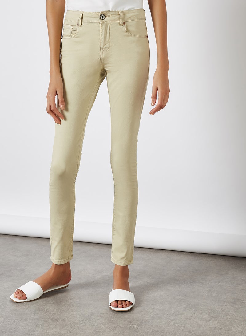 Solid Pattern Skinny Jeans Beige