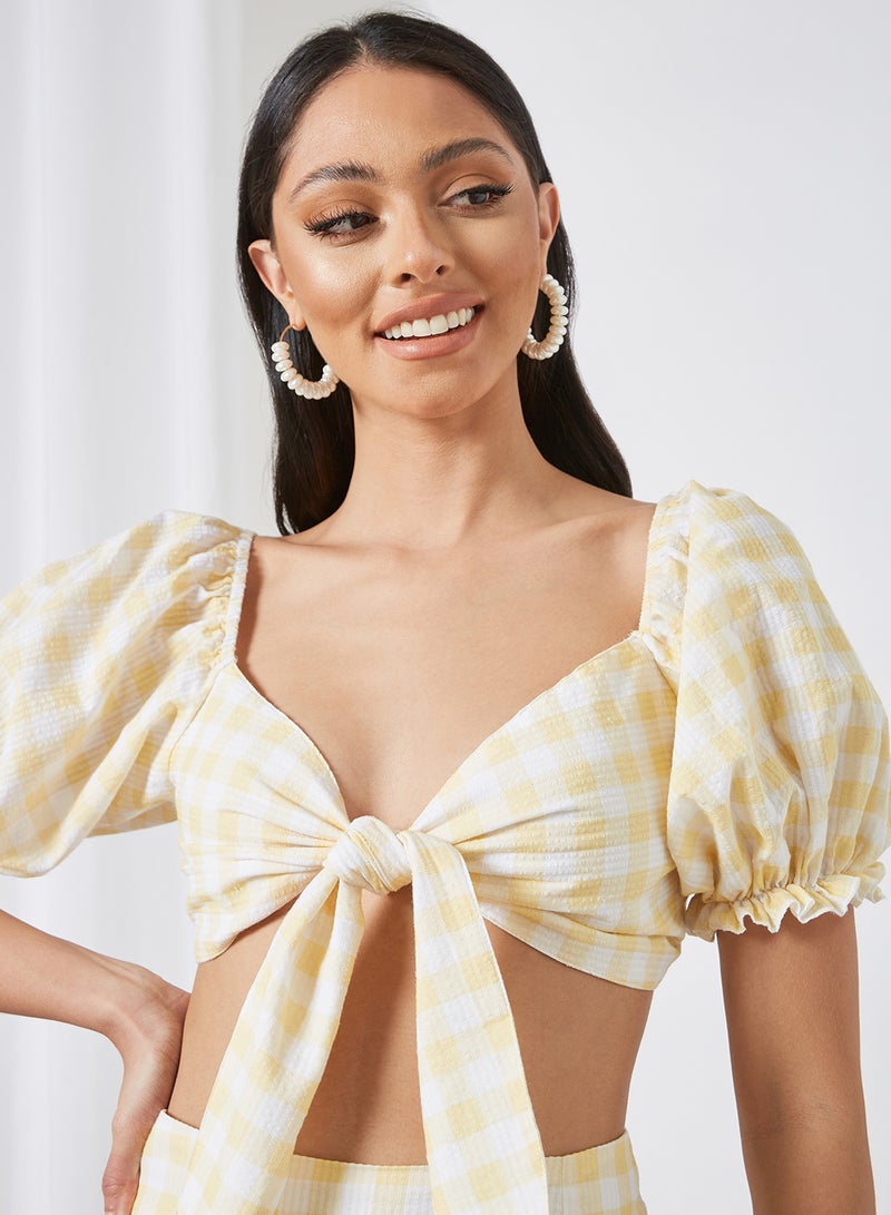 Gingham Knotted Crop Top Yellow