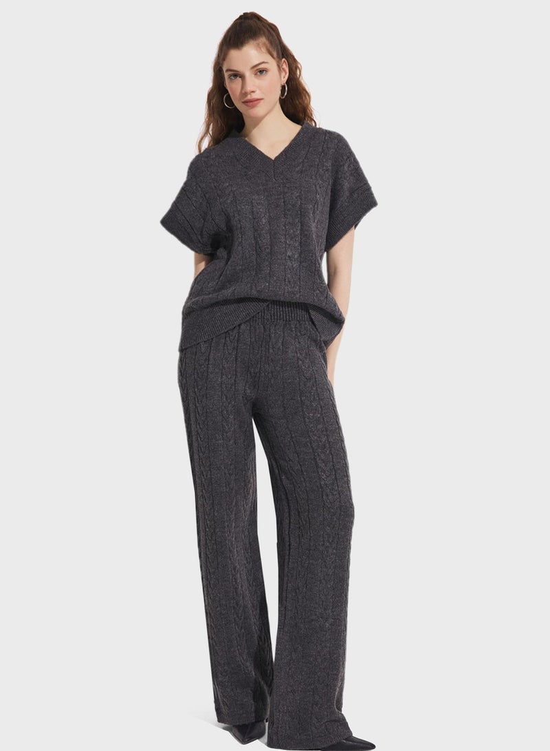 V-Neck Cable Knitted Sweater & Pants Set
