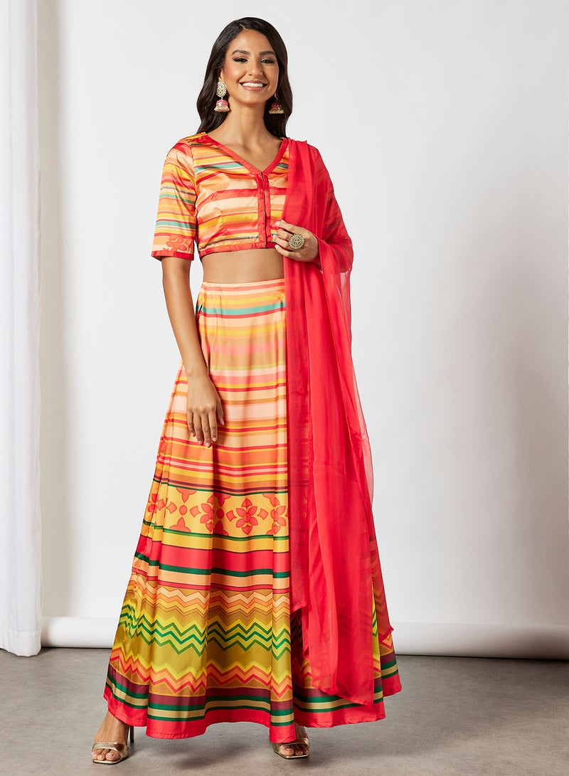 Printed 3-Piece Lehenga Set Multicolor