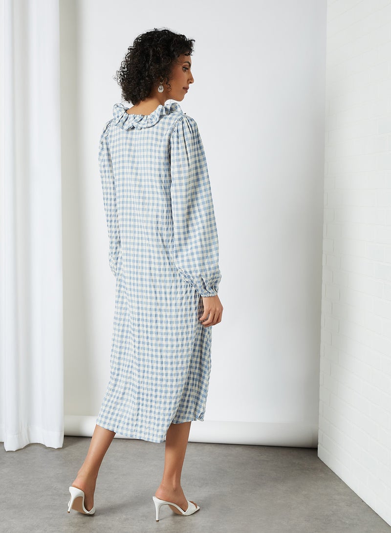 Ruffled Neckline Checked Dress Birch