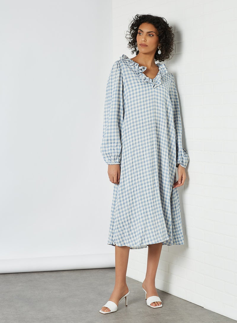 Ruffled Neckline Checked Dress Birch