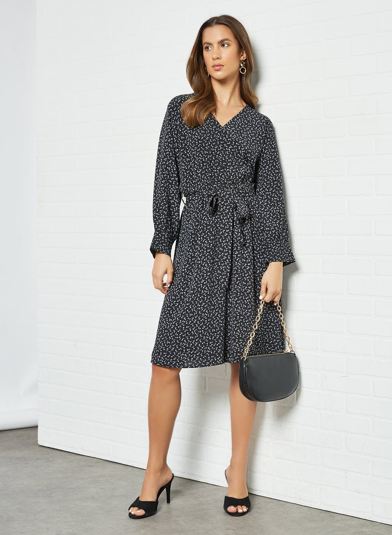 Printed Long Sleeve Dress Black