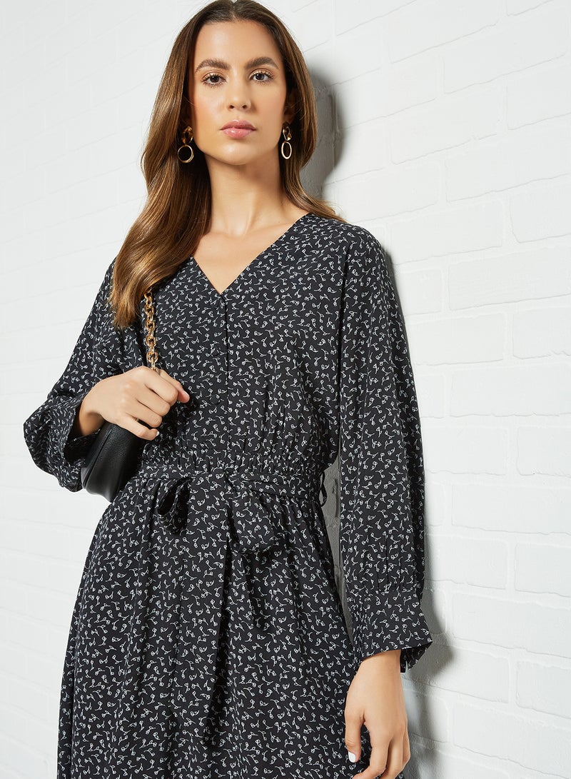 Printed Long Sleeve Dress Black