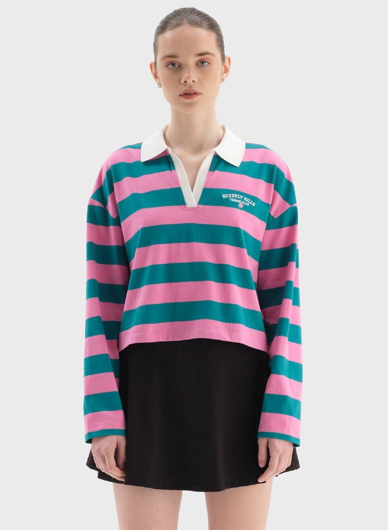 Polo Neck Color Block Sweatshirt