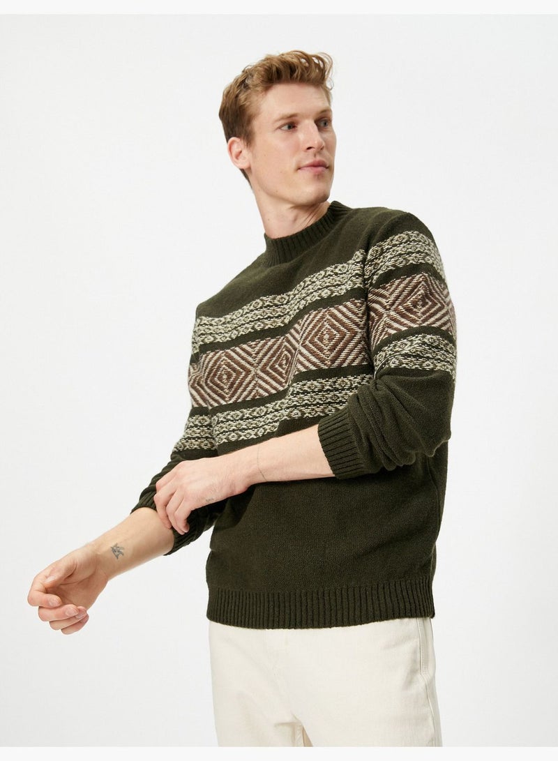 Half Turtleneck Ethnic Patterned Ribbed Sweater