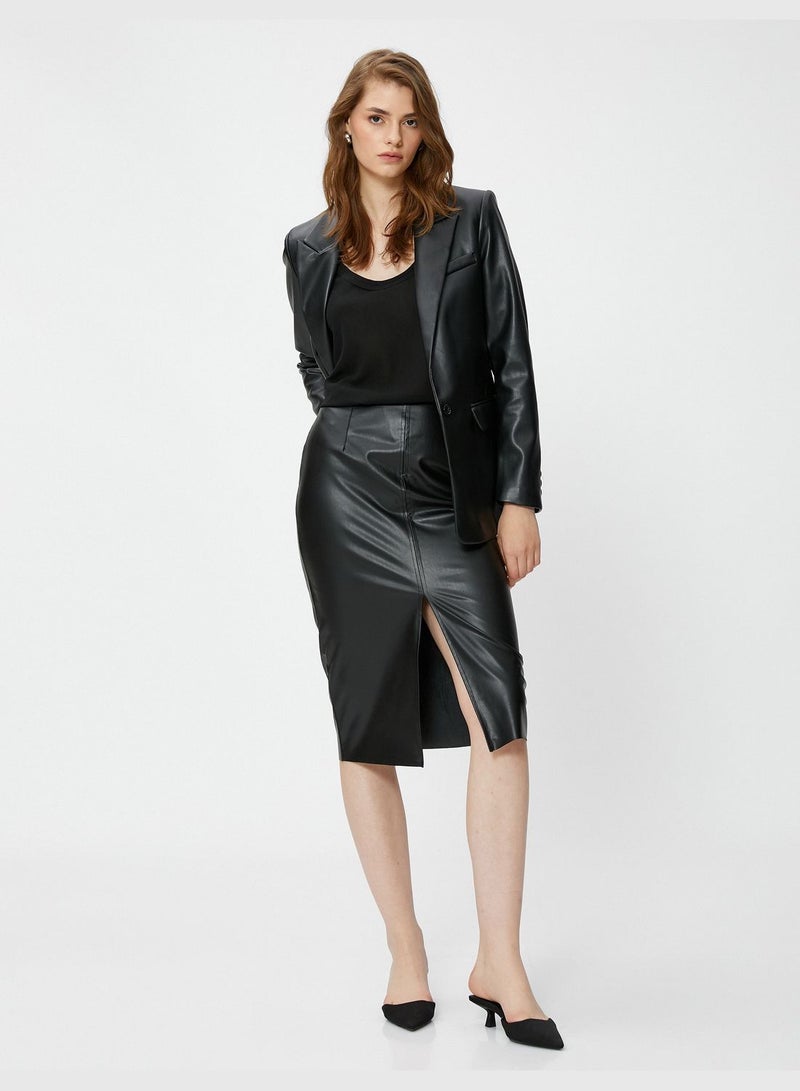 Faux Leather Slitted Midi Skirt