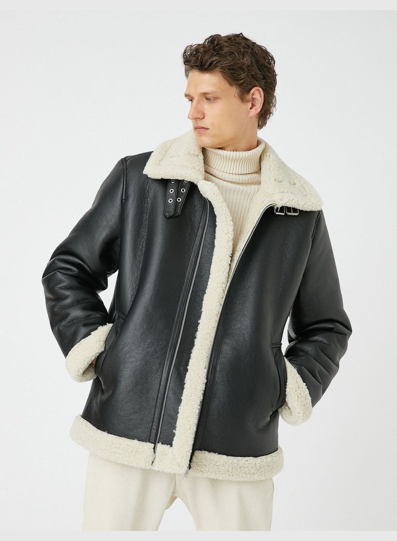 Faux Leather Pocket Detail Zippered Jacket