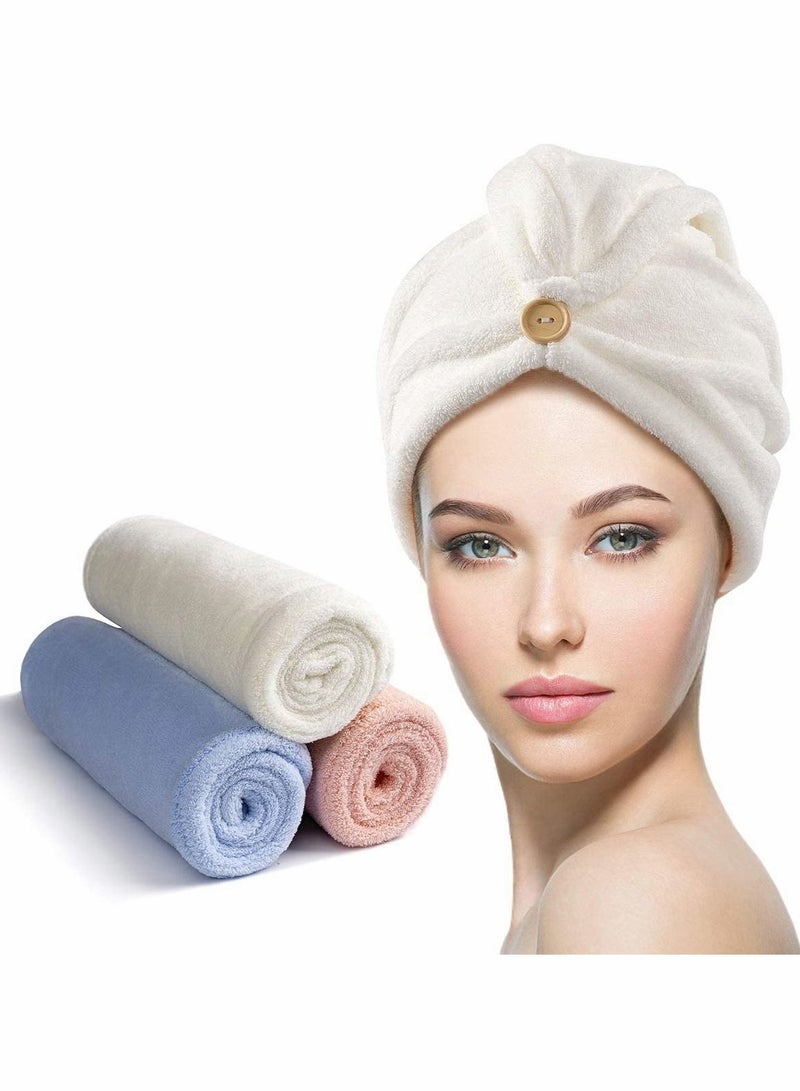 3 Pack Hair Drying Towels, Towel with Button, Super Absorbent Microfiber for Curly Hair, Fast Wraps Women Girls,
