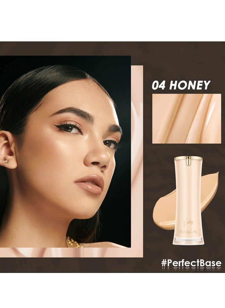 Perfect Base Lasting Poreless Liquid Foundation, Covers Blemishes & Under-Eye Circles for All Skin Types-04 Honey Plus Concealer with High Cover Brush Soft Matte Complete Concealer -#4