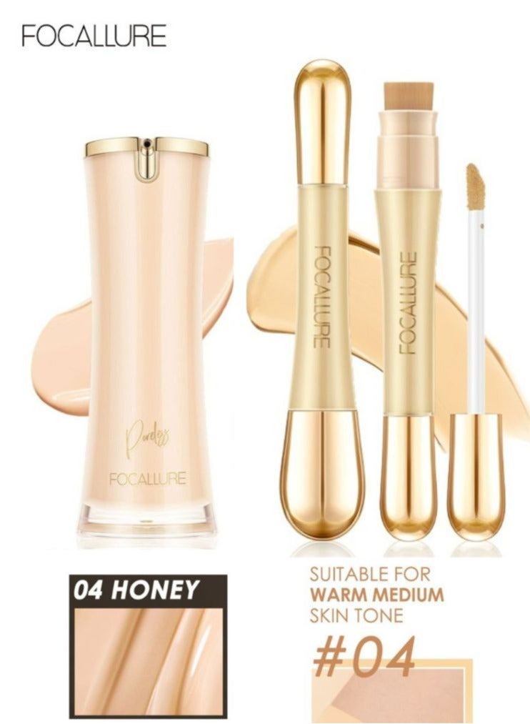 Perfect Base Lasting Poreless Liquid Foundation, Covers Blemishes & Under-Eye Circles for All Skin Types-04 Honey Plus Concealer with High Cover Brush Soft Matte Complete Concealer -#4