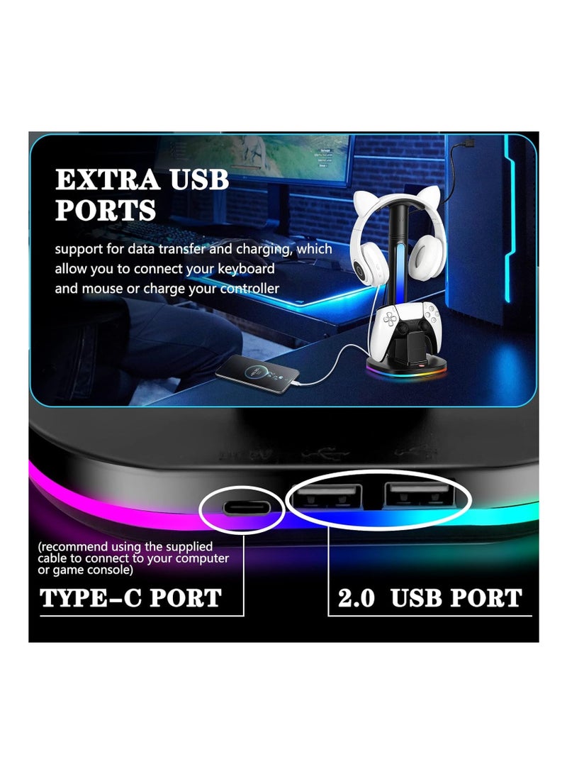 XICEN for PS5 Controller Charging Station with RGB Headphone Stand, for PS5 Controller Charger Holder with 2 USB Charging Ports, Headset Stand for Playstation 5 Controller Charging Dock, Black