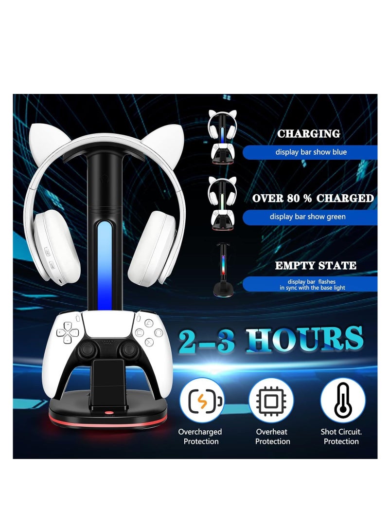 XICEN for PS5 Controller Charging Station with RGB Headphone Stand, for PS5 Controller Charger Holder with 2 USB Charging Ports, Headset Stand for Playstation 5 Controller Charging Dock, Black
