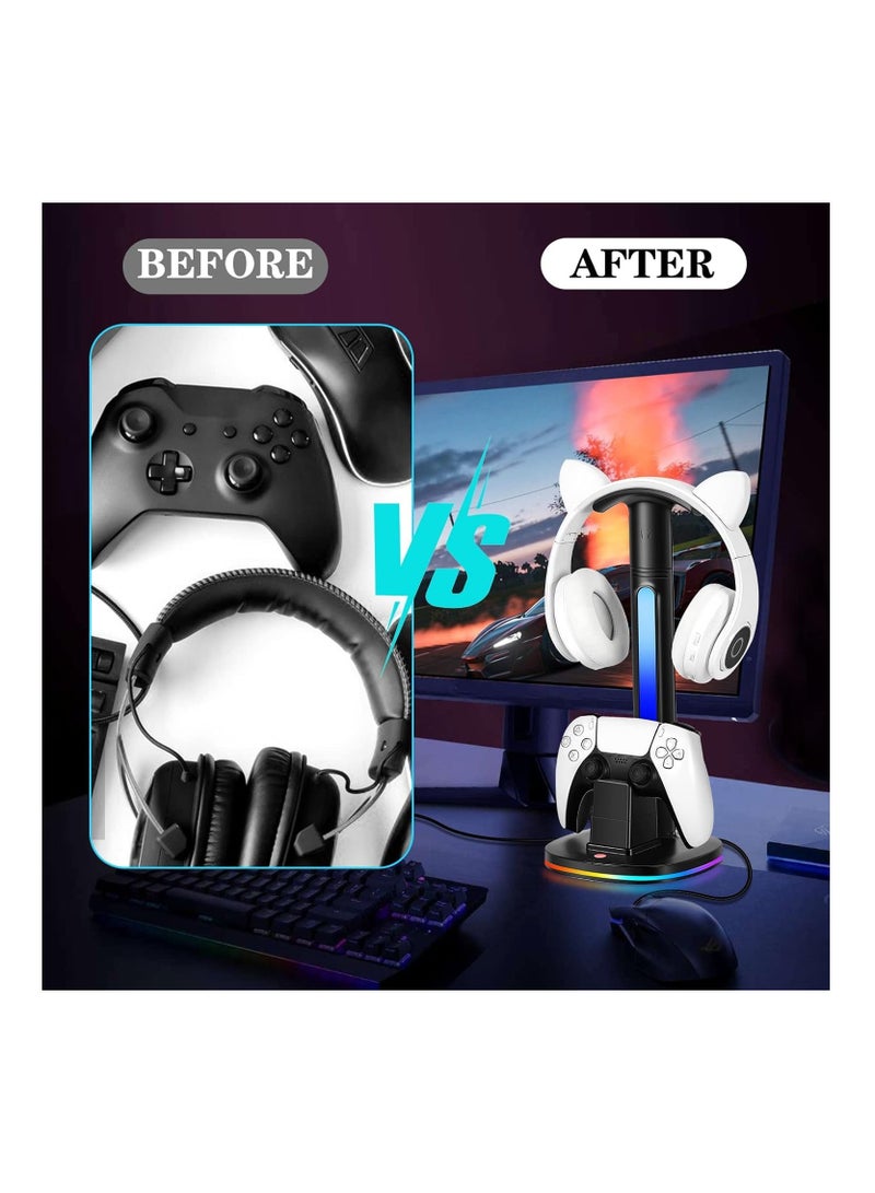 XICEN for PS5 Controller Charging Station with RGB Headphone Stand, for PS5 Controller Charger Holder with 2 USB Charging Ports, Headset Stand for Playstation 5 Controller Charging Dock, Black