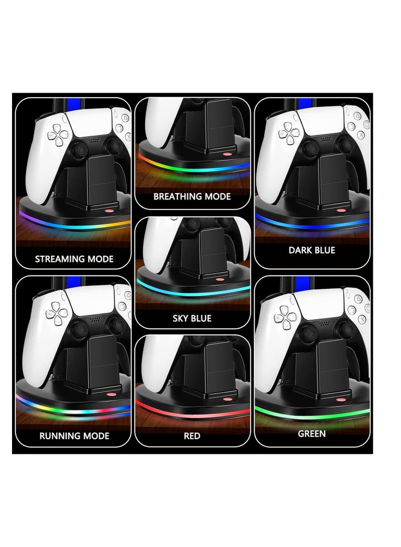 XICEN for PS5 Controller Charging Station with RGB Headphone Stand, for PS5 Controller Charger Holder with 2 USB Charging Ports, Headset Stand for Playstation 5 Controller Charging Dock, Black