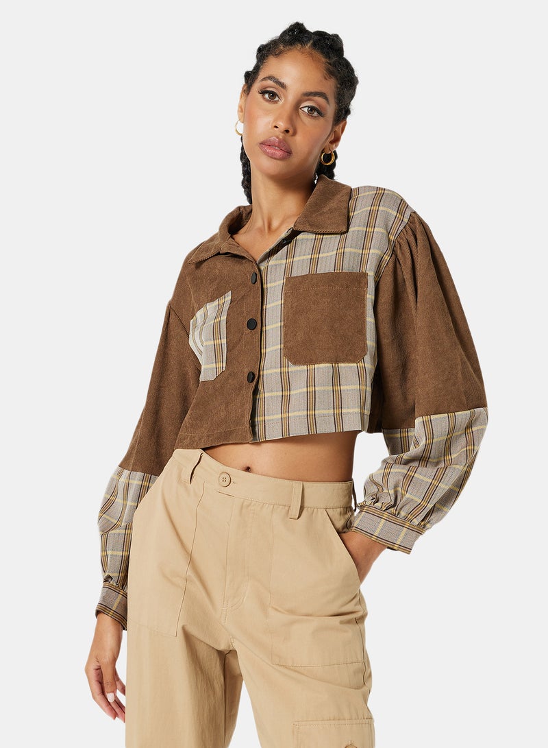 Checkered Oversized Crop Shirt Black Brown