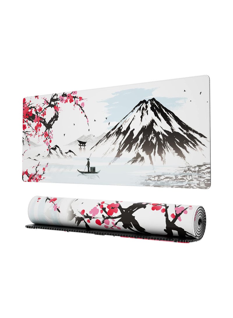 Japanese Mountains with Cherry Blossom Extended Gaming Computer Mouse Pad, Cute Anime Mouse Pad for Desk, Kawaii Desk Mat for Keyboard and Mouse, Black and White, 31.5 x 11.8 x 0.12 inches