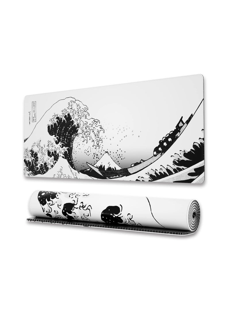 Large Gaming Mouse Pad with Stitched Edges, Japanese Wave Anime Desk Mat, Extended XL Mousepad with Anti-Slip Base, Spill-Resistant Desk Pad for Keyboard and Mouse, 31.5 x 11.8 in, White