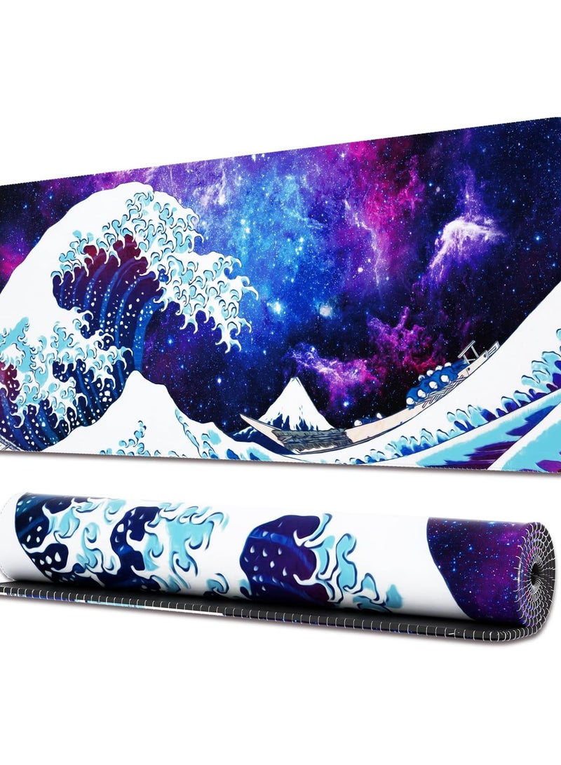 Large Gaming Mouse Pad with Stitched Edges, Japanese Great Wave Desk Mat, Extended XL Mousepad with Anti-Slip Base, Cool Anime Desk Pad for Keyboard and Mouse, 31.5 x 11.8 in, Blue