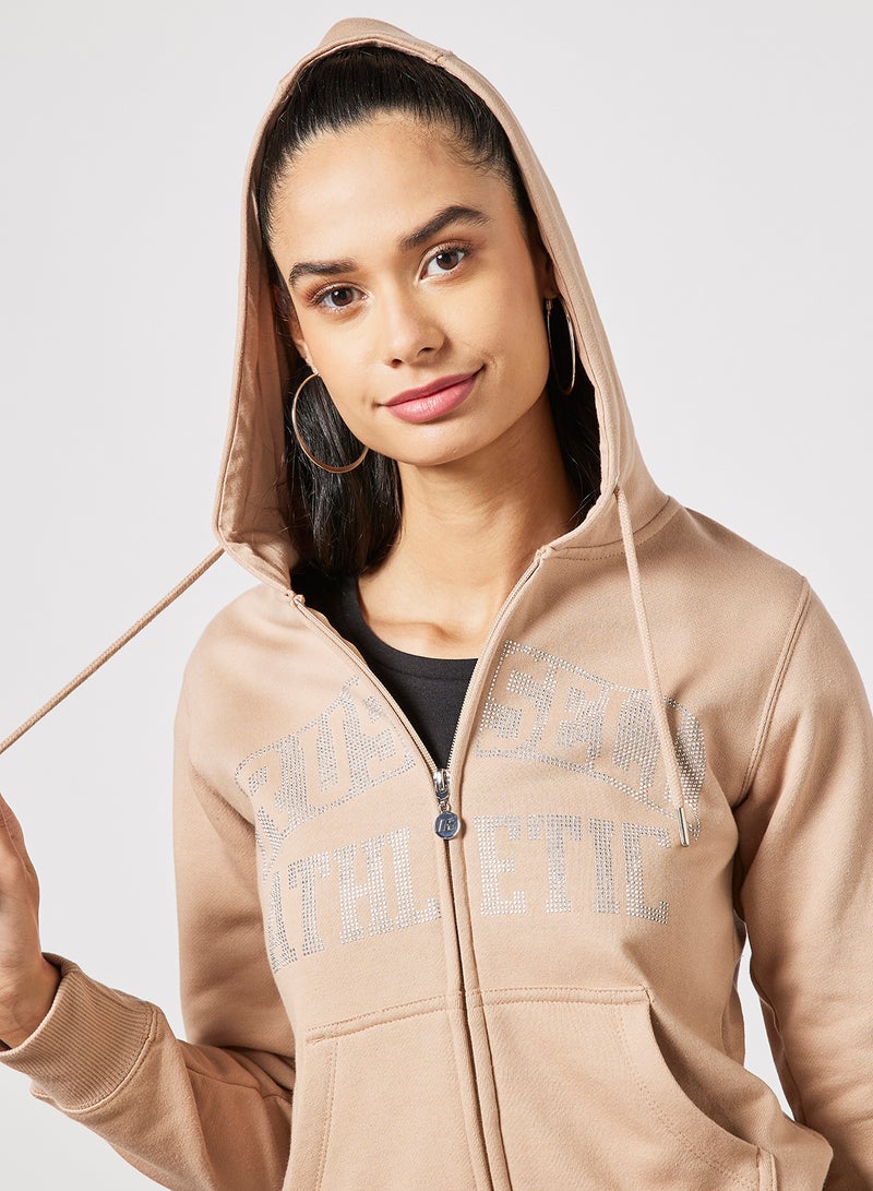 Logo Zip-Through Hoodie Beige