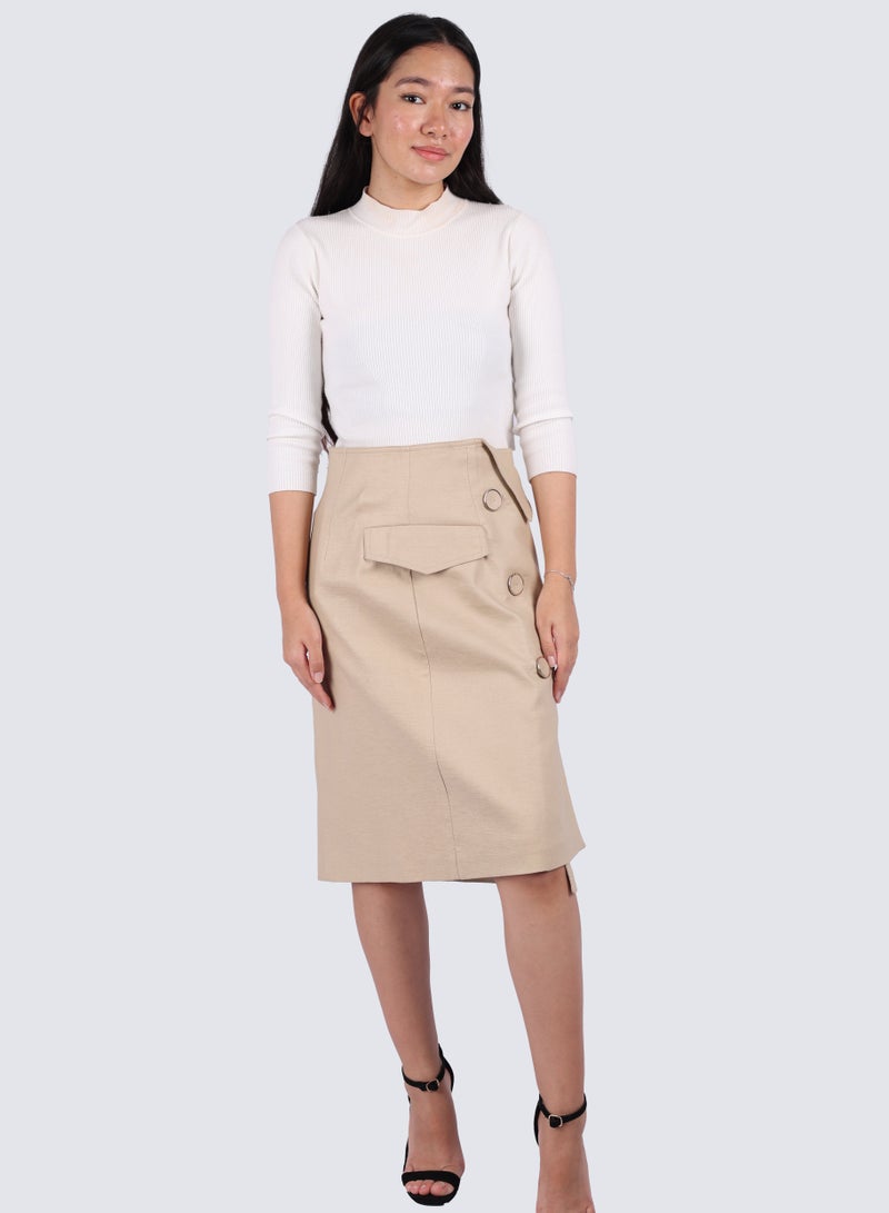 Women's Knee Length Flap Pockets Skirt in Stocking Beige