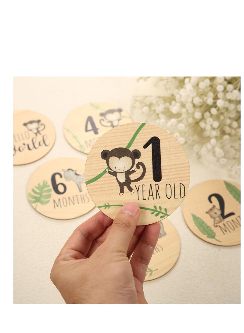 Baby Monthly Milestone with Announcement Sign Wooden Newborn Welcome Discs Round New Double Sided Printed for Boys Girls Photo Prop Shower