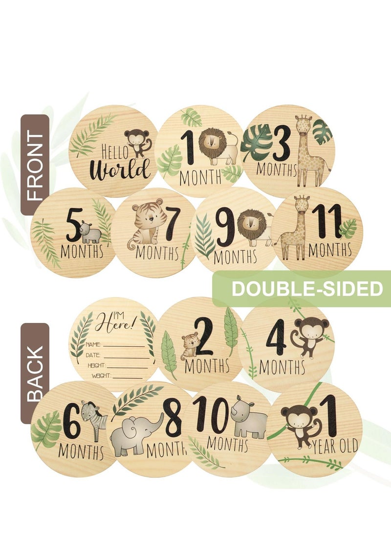 Baby Monthly Milestone with Announcement Sign Wooden Newborn Welcome Discs Round New Double Sided Printed for Boys Girls Photo Prop Shower