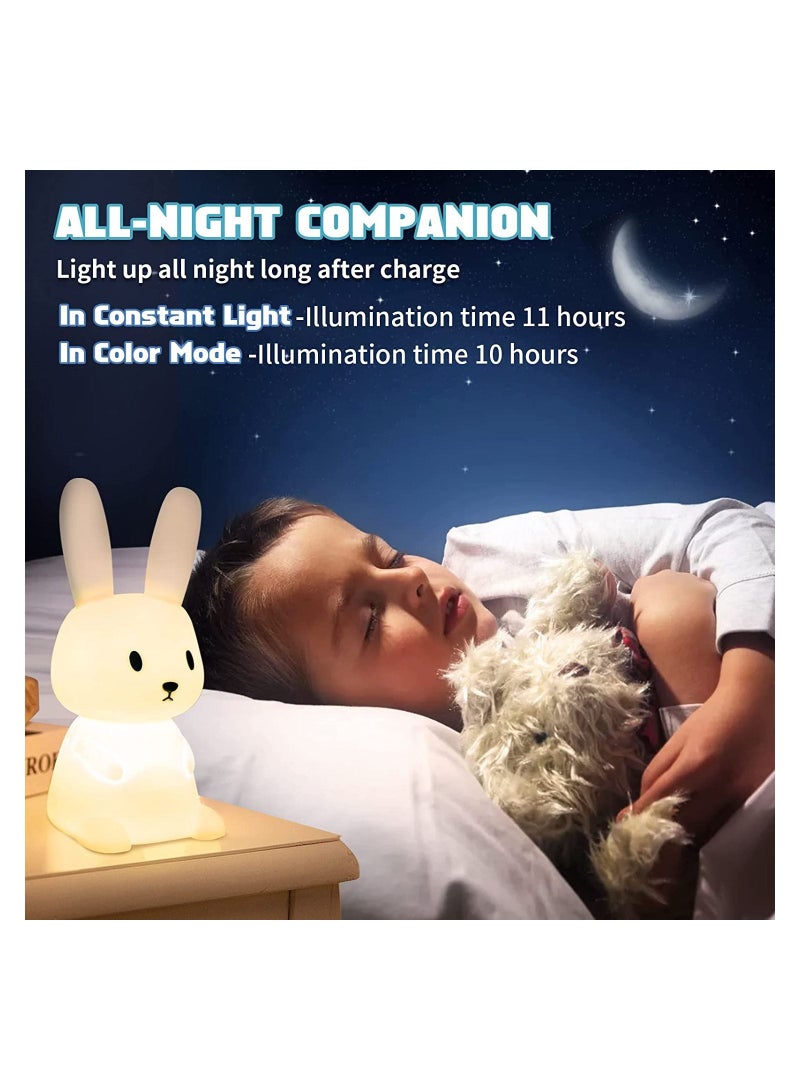 Night Light for Kids, Cute Bunny Gifts Kids Room Nursery Baby Bedroom Toddler Teen Girls Kawaii Decor, Rechargeable Silicone Lamp with 3 Hours Time & 7 Colors