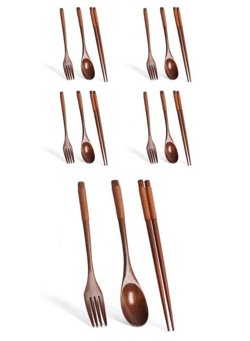 15-Piece Long Handled Solid Wood Adult Portable Tableware Set