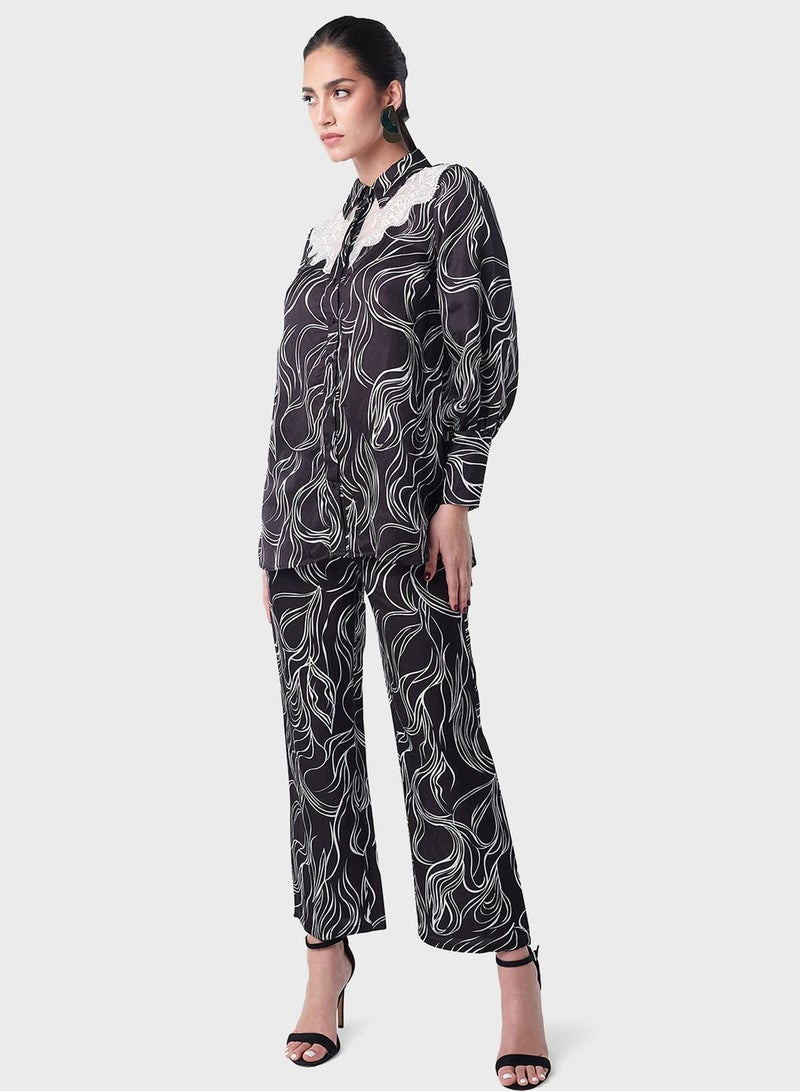 Lace Insert Printed Shirt And Pant Set