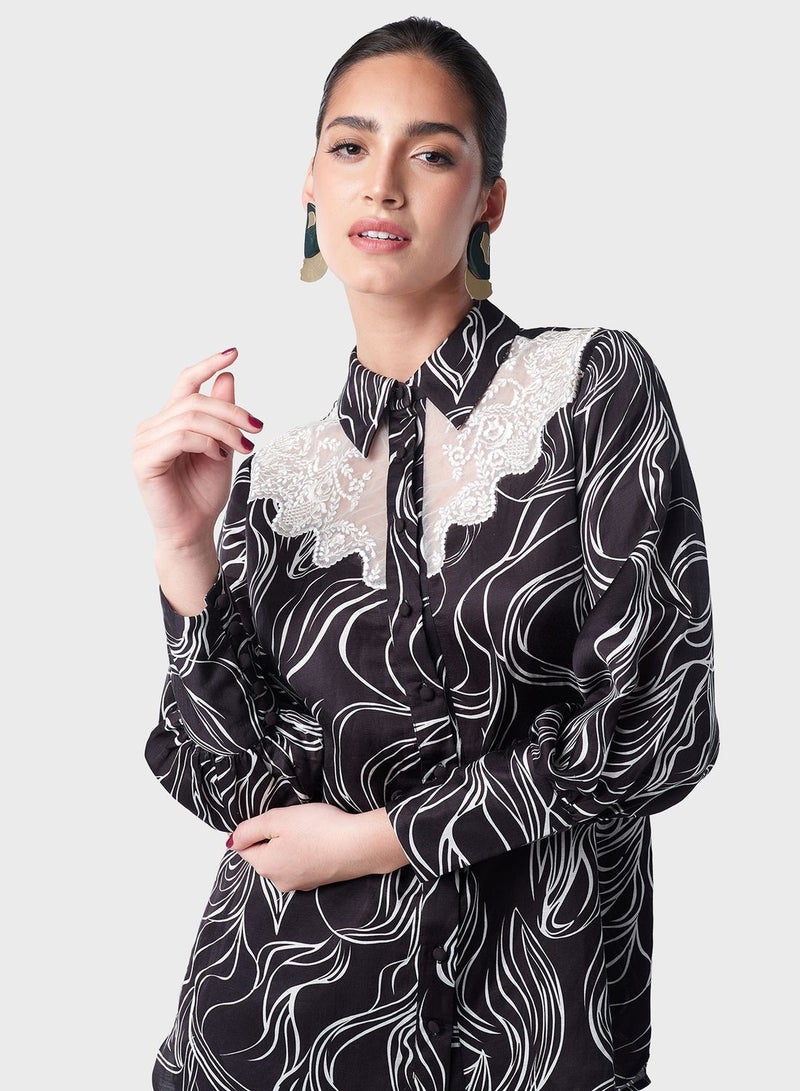 Lace Insert Printed Shirt And Pant Set