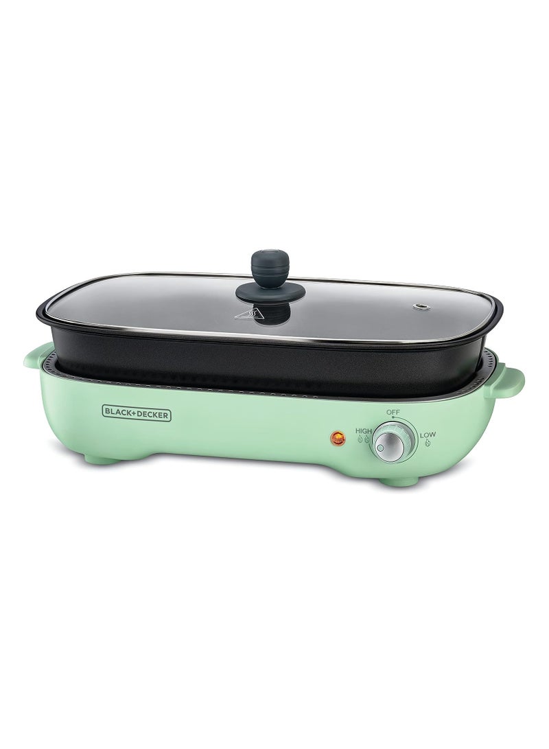 Multifunction Grill, 4.0L Family-sized, Dual Pattern Grill Plate, 3 Interchangeable Non-stick Detachable Pans with Hotpot, For Grilling, Baking, Frying 1400 W GMF140 Mint Green