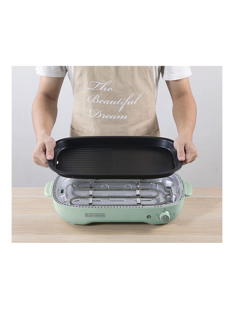 Multifunction Grill, 4.0L Family-sized, Dual Pattern Grill Plate, 3 Interchangeable Non-stick Detachable Pans with Hotpot, For Grilling, Baking, Frying 1400 W GMF1400-B5 Mint Green