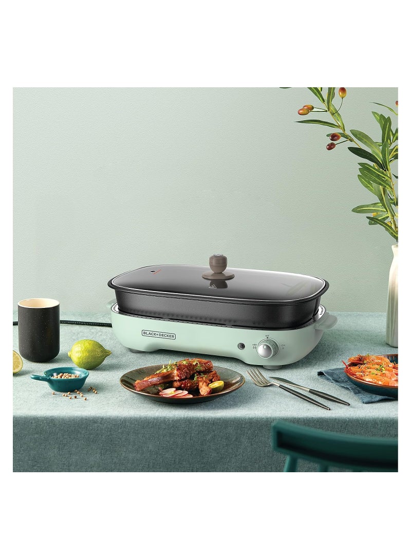 Multifunction Grill, 4.0L Family-sized, Dual Pattern Grill Plate, 3 Interchangeable Non-stick Detachable Pans with Hotpot, For Grilling, Baking, Frying 1400 W GMF1400-B5 Mint Green