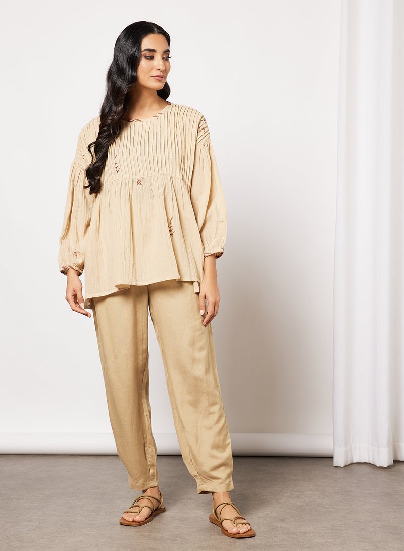 Pleat Detailed Top and Pants Set Beige