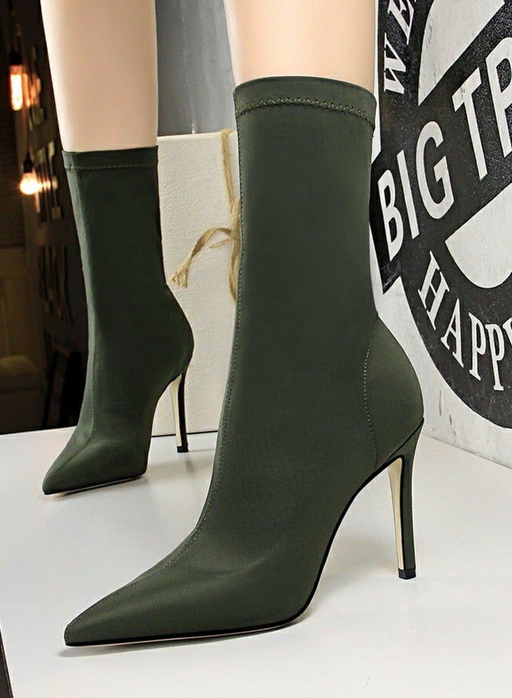 Women's Stretch Pointed Toe Sock Booties  Mid-Calf Ankle Boot 10 CM Stiletto  High Heel Boots Blackish Green
