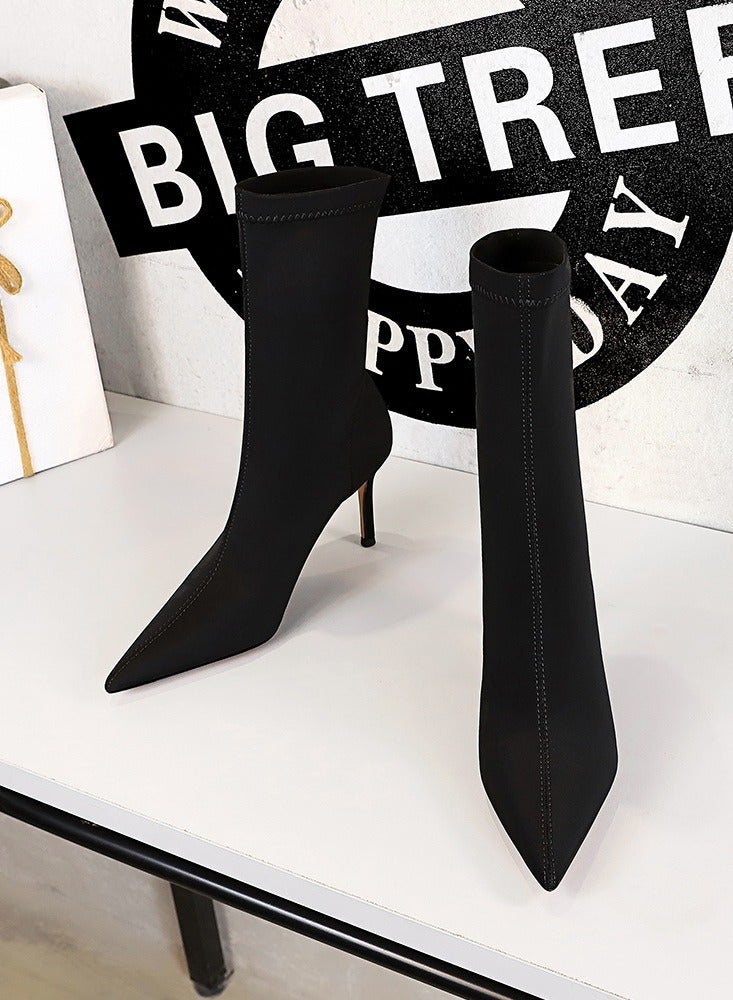 Fashion Simple Slim Heel High Heel Elastic Lycra Pointed Ankle Boots Black