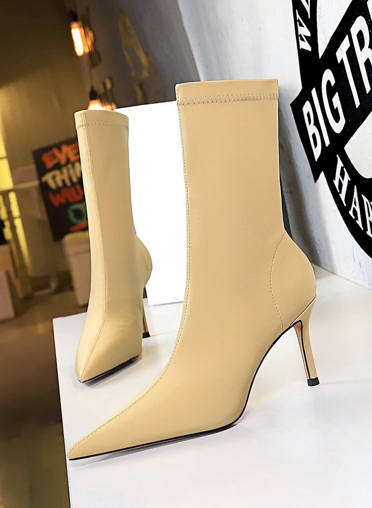 Fashion Simple Slim Heel High Heel Elastic Lycra Pointed Ankle Boots Yellow