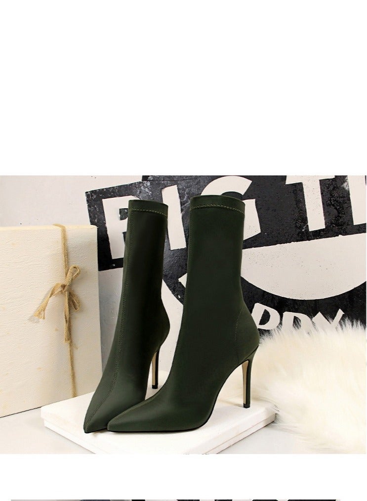 European And American Simple Women's Boots Slim Heel Pedicure Thin Pointed Lycra Elastic Ankle Boots Green