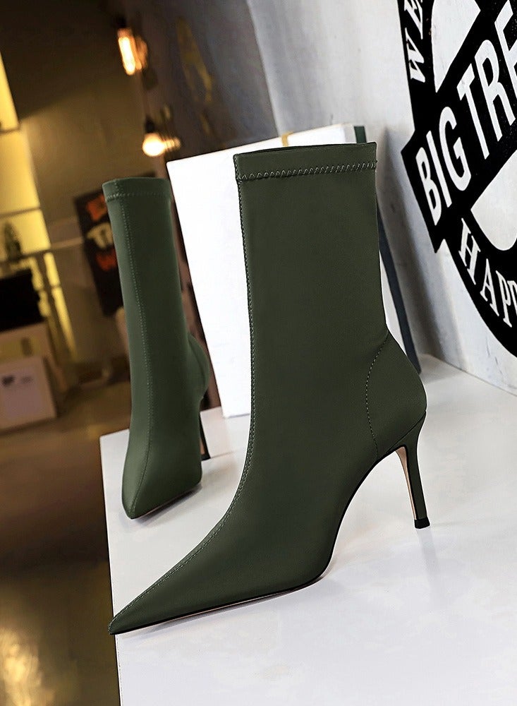 Fashion Simple Slim Heel High Heel Elastic Lycra Pointed Ankle Boots Green